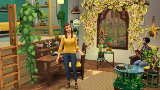 A pair of sims have a conversation in a plant-filled room in the Sims 4