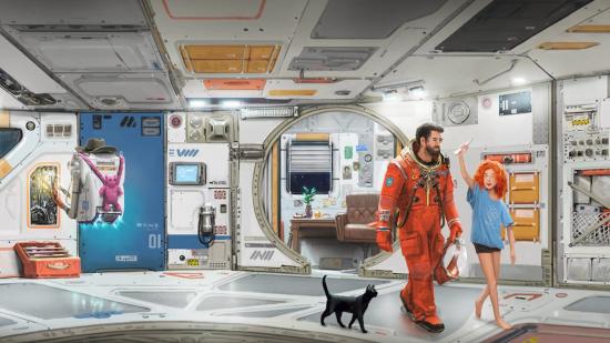 A piece of Starfield concept art shows an astronaut, a young girl, and a black cat in a habitation module.