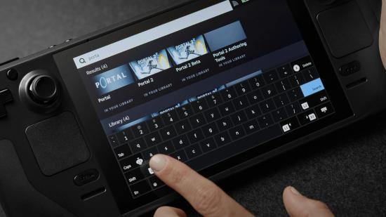 A POV of someone using a Steam Deck, the on-screen keyboard and images of the Steam store are displayed on the device's screen