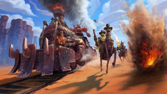 Robot bandits attack a robot train atop robot horses in this SteamWorld Headhunter concept art