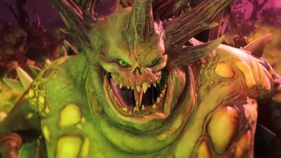 Ku'gath Plaguefather grins menacingly in a trailer for Total War: Warhammer 3.
