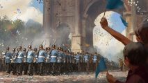 A painting of blue-uniformed French soldiers marching through an arch as a cheering crowd throws confetti.