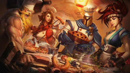 Best lol champions for beginners: a group of warrios of a day off, some making sushi and others making bread