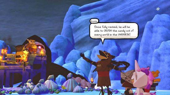 Best Christmas games - Araxia is proclaiming a prophecy while surrounded by kids in costumes gathering candy in Costume Quest: Grubbins on Ice.