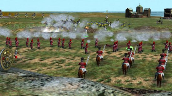 Los mejores juegos como Age of Empires: una batalla de guerra napoleónica con abrigos rojos disparando armas en Empire Earth