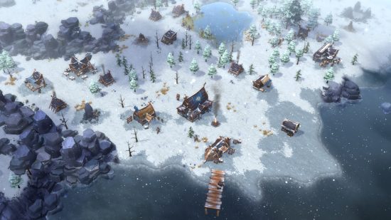 Los mejores juegos como Age of Empires, un pueblo vikingo cerca de la costa nevada en Northgard