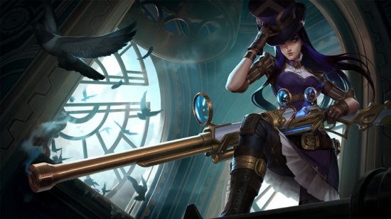 Best ADC champions: a woman wearing a top hat holds her huge sniper rifle