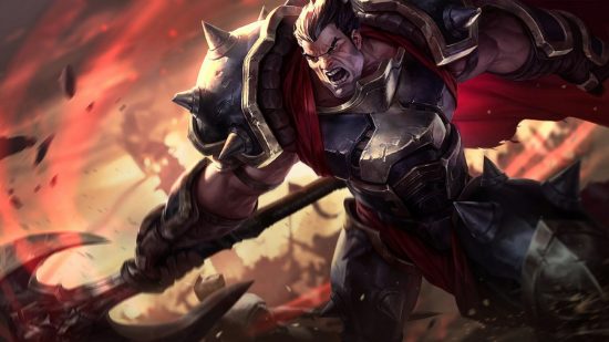 LoL Tier List: A formidable warrior clad in shimmering blood-red cloth armor, Darius wields a massive axe.