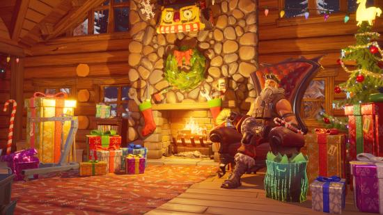 Sgt. Winters is sat next to the Yule log in Fortnite Cozy Lodge. He's surrounded by presents.