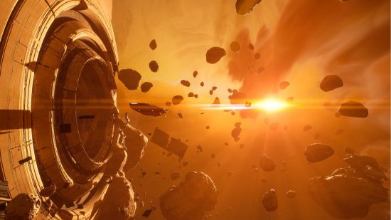 Homeworld 3 çıkış tarihi: Yanan güneş alanı turuncu renkte aydınlatırken, bir gemi büyük bir metruk alana doğru uçarken görülebilir.