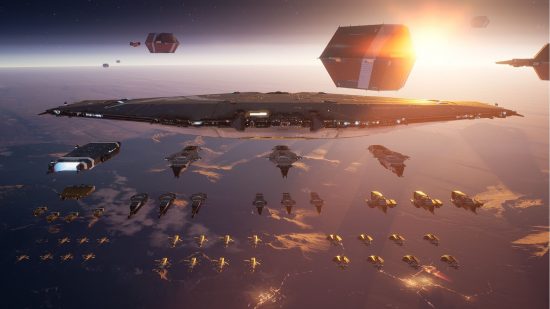 Homeworld 3 release date: A large fleet of ships can be seen of varying sizes. A larger central ship can be seen as well as some ships pulling storage containers.