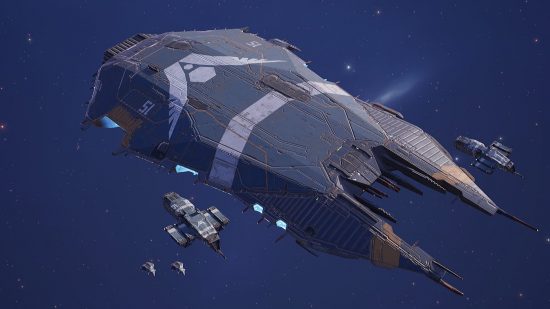 Homeworld 3 release date: A large ship can be seen flying alongside four smaller ships