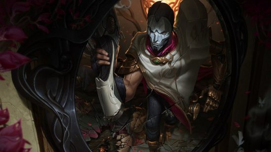 Lol tier list: Jhin, a mashed male human, holds his gun high, waiting for his prey
