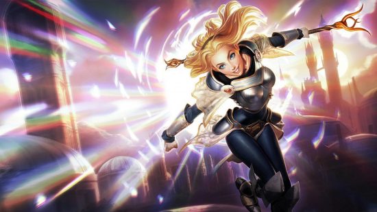 Best mid lane champion: a blonde woman holds a radiant staff while an explosion of light erupts around her