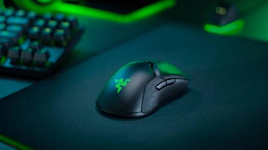 Razer Viper ultimate gaming mouse on green and black desk