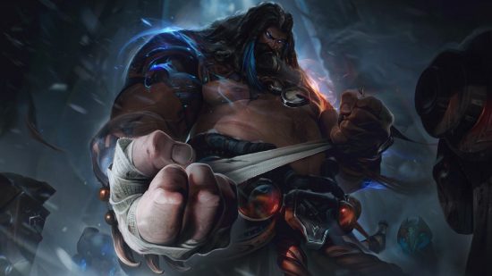 LoL Tier List: A huge man with long hair and a large beard, Udyr wraps his arms around each other's arms, ready to fight.