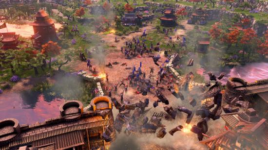 Soldiers and archers fight in the breach of a castle wall in Age of Empires III: Definitive Edition.