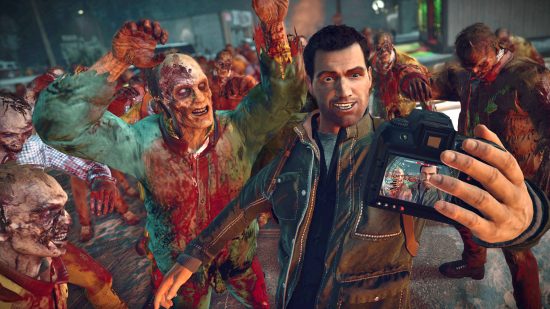 Best Christmas games - Frank West is taking a selfie while surrounded by festive zombies in Dead Rising 4.