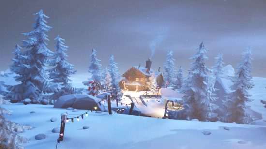 Best Christmas games - the Winterfest Cozy Lodge with decorations leading up to it in Fortnite.