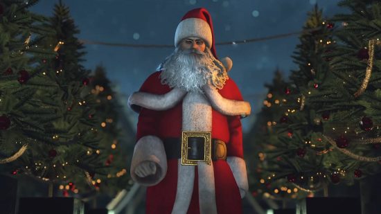 Best Christmas games - Agent 47 dressed up in a Santa outfit in Hitman 3. There are two decorated Christmas trees behind him.