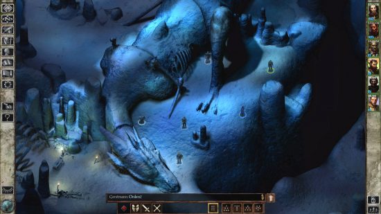 Best Christmas games - a giant ice dragon slumbers while people explore around it in Icewind Dale.