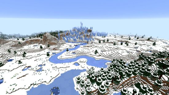 Meilleurs jeux de Noël - un biome hivernal dans Minecraft, avec un lac gelé, des arbres enneigés et des montagnes.