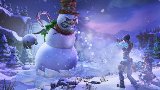 Best Christmas levels - a giant snowman is breathing ice on a human in a frozen wasteland in Borderlands 2.