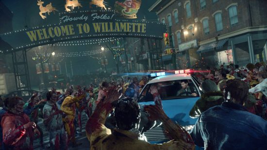 Best Christmas levels - Frank West is driving through a street full of zombies past the Welcome to Willamette sign in Dead Rising 4.