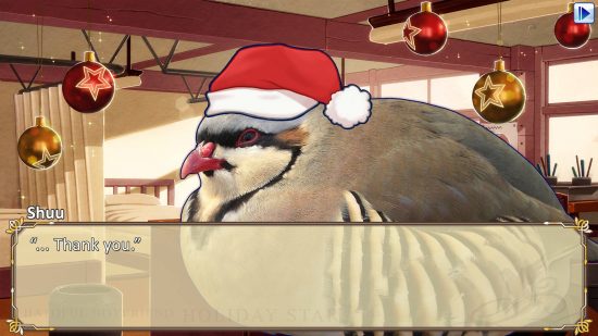 Best Christmas levels - a very fat bird wearing a Santa hat in Hatoful Boyfriend.