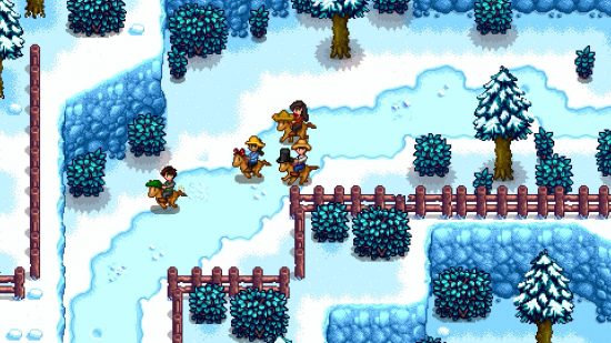 Best Christmas levels - four people racing on an icy track with their horses in Stardew Valley. Each horse is wearing a hat.