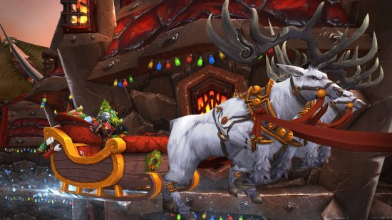 Best Christmas levels - an elf is riding a sleigh with white reindeer in World of Warcraft.