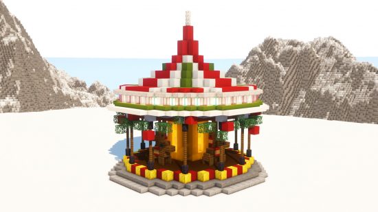 Minecraft Christmas builds - a festive red and green carousel in the snow