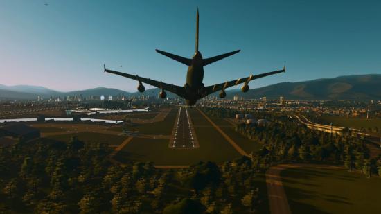 A plane comes in for a landing in Cities: Skylines' Airports DLC