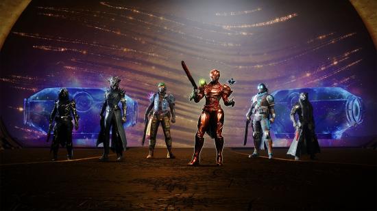 Five stylish Guardians pose in a group shot in Destiny 2.