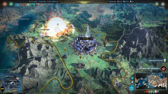 Games like Total War: The campaign map in Age of Wonders: Planetfall in the middle of a battle, displaying an explosion occurring not too far from a major settlement.