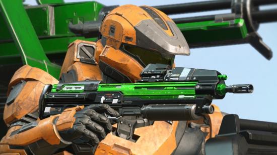A Halo Infinite Spartan takes aim with the new weapon skin available as part of Xbox Game Pass Ultimate