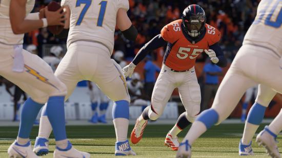 A Denver Broncos runningback faces off against the San Diego Chargers defence in Madden NFL 22.
