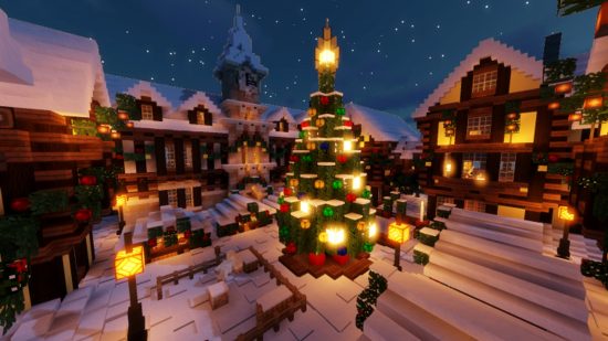 Minecraft Christmas builds - a festive village, with cosy wooden houses surrounding a central Christmas tree feature