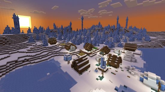 Minecraft Christmas seeds: A snowy taiga village sits in front of an ice spikes biome, with large, blue ice pillars rising from the ground