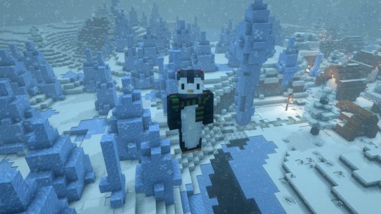 Minecraft Christmas skins - a cute penguin in a wool hat and scarf flies over a snow Minecraft biome