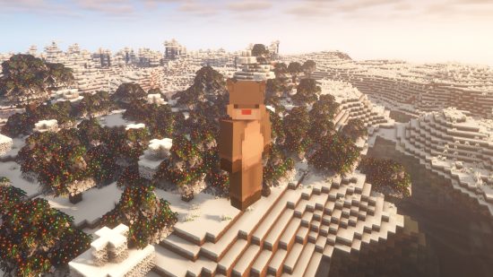 Minecraft Christmas skins - a pixelated rudolph hovers over a snowy landscape filled with glittering Christmas trees