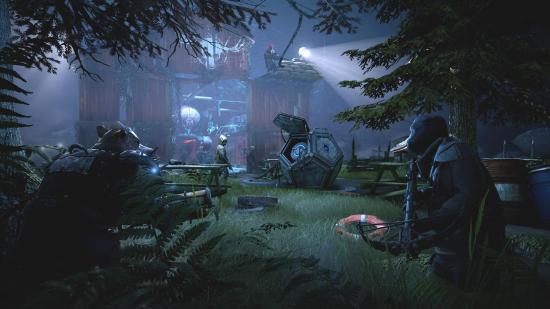 Holding a crossbow, Dux scouts an enemy base in Mutant Year Zero: Road to Eden