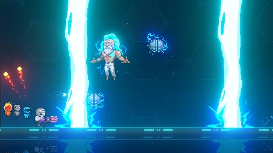 Lightning bolts strike the floor as the player fights a New God in Neon Abyss