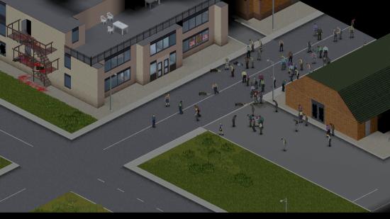 Zombies cluster on a city street in Project Zomboid