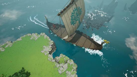 A lone Viking warrior steers a boat through a narrow channel in Tribes of Midgard.