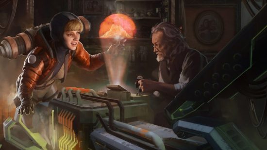 Apex Legends χαρακτήρες: Μια γυναίκα κοιτάζει ένα σχήμα ολογράμματος με έναν ηλικιωμένο άνδρα