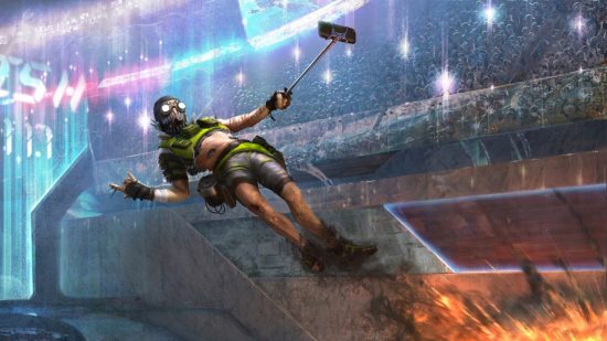 Apex Legends Charaktere: Ein Mashed -Mann führt einen Stunt aus, der über eine Explosion springt, während er ein Selfie macht