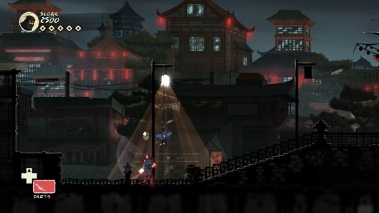 Best stealth games - a ninja stalking a target near a lamppost in Mark of the Ninja.