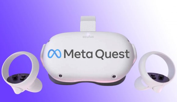 Oculus Quest 2 on blue and white backdrop with Meta Quest logo centre