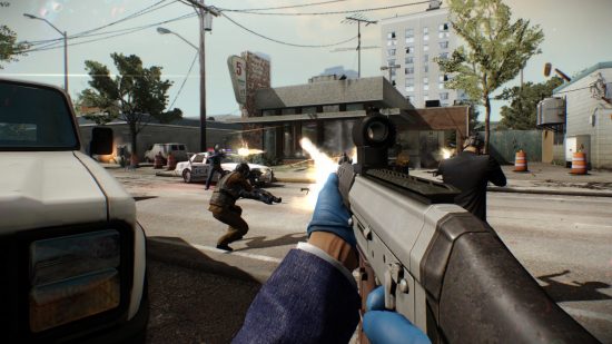 Best crime games on PC: A criminal holding a gun attempts to rob a bank